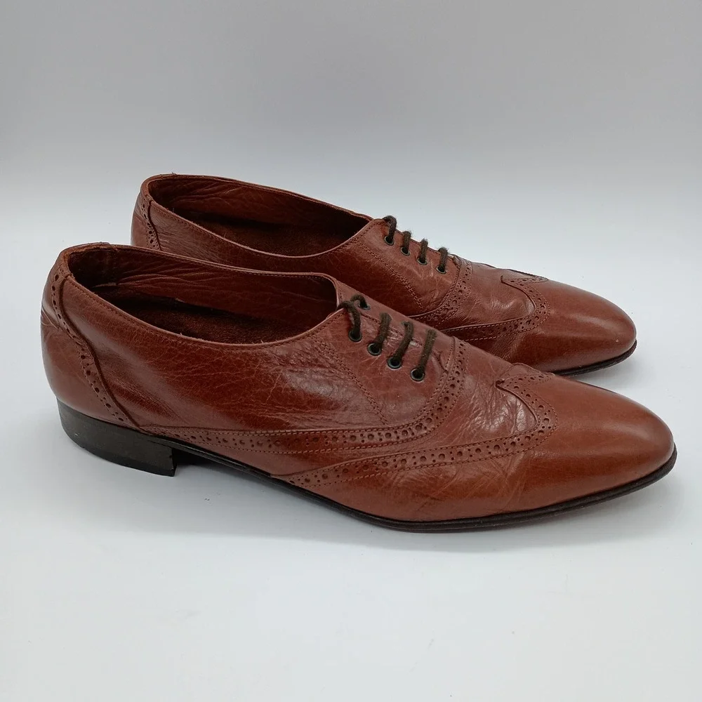 Bally Mens Wingtip Oxford Leather Dress Shoes Cognac Brown Made in Italy Size 11